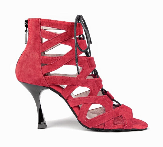Elegante rote Open-Toe-Stiletto-Tanzschuhe von Portdance: PD804 PRO NET Nubuk in Rot.